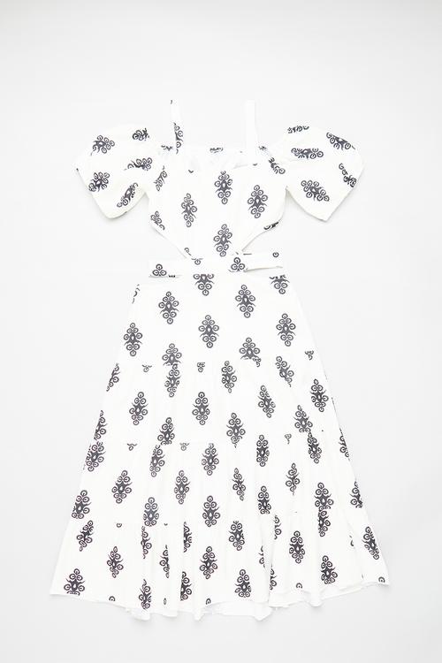 Side cut-out puff sleeve dress - white/multi