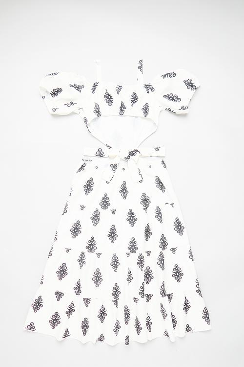 Side cut-out puff sleeve dress - white/multi