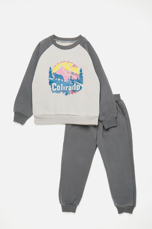 Placement print raglan sweatshirt with joggers - cool grey/light grey
