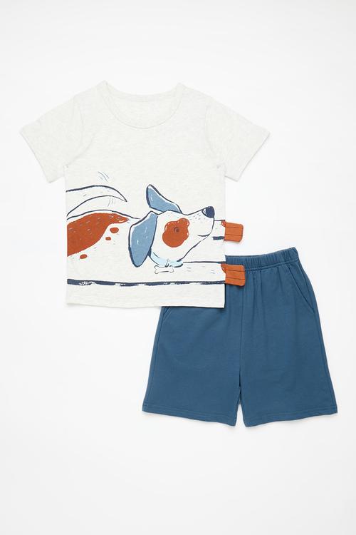 3D paws dog graphic tee with shorts - white/dark blue