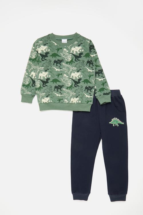 Printed sweatshirt with plain joggers - soft green/navy/multi