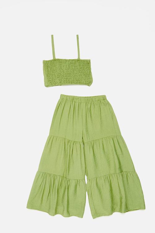 Bow detail & tiered wide leg pants set - green