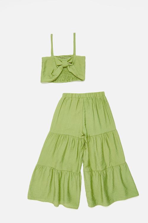 Bow detail & tiered wide leg pants set - green