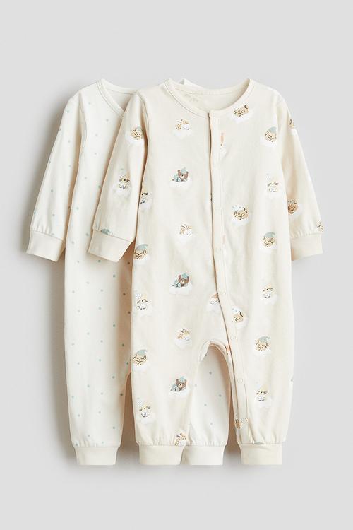 2-pack patterned cotton pyjamas - cream/sleeping animals