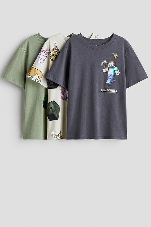 3-pack printed T-shirts - dark grey/minecraft