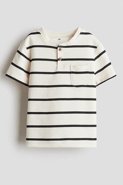 Cotton henley top - white & black striped 