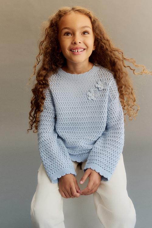 Hole-knit cotton jumper - light blue/flowers