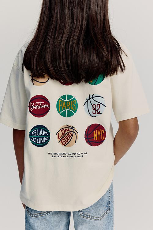Printed cotton T-shirt - cream/basketballs