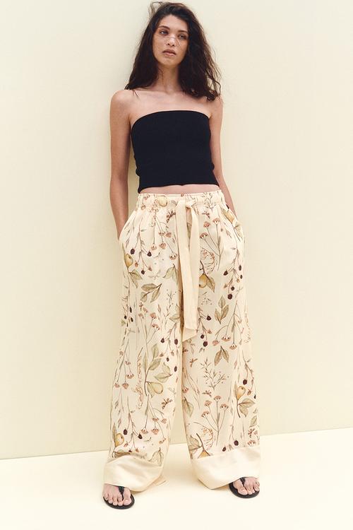 Wide tie-belt trousers - ight beige/floral