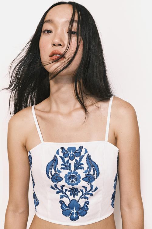 Bead-detail strappy top - white flowers