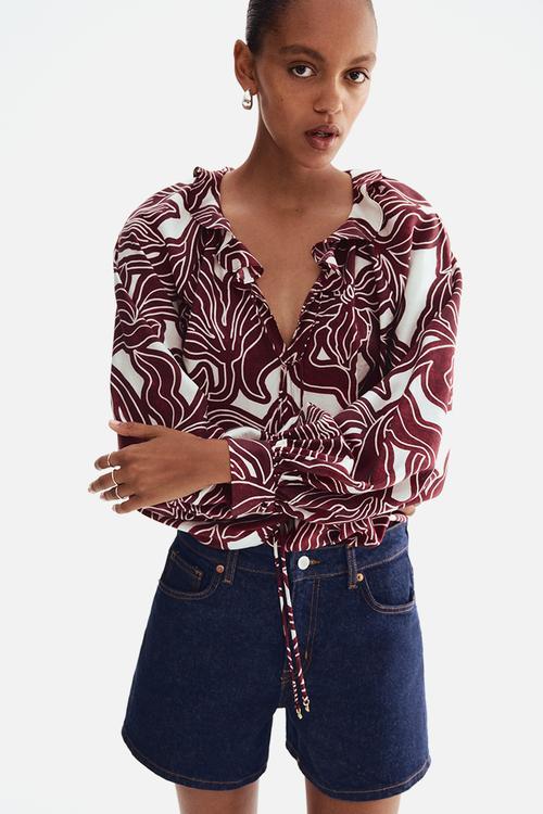 Frill-collar blouse - dark red/patterned