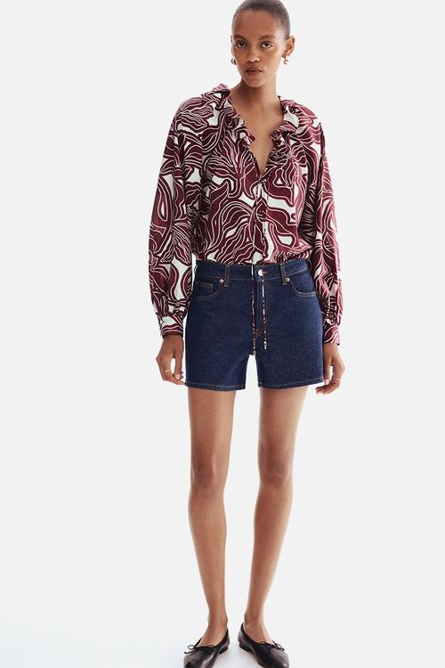 Frill-collar blouse - dark red/patterned