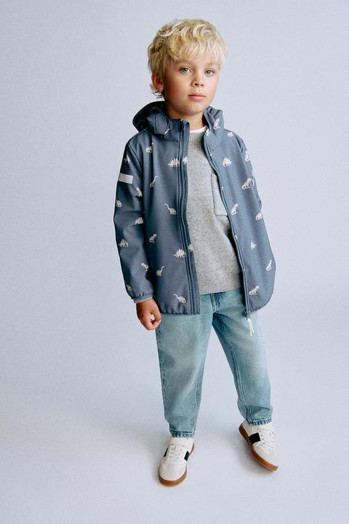 Water-resistant softshell jacket - steel blue dinosaurs