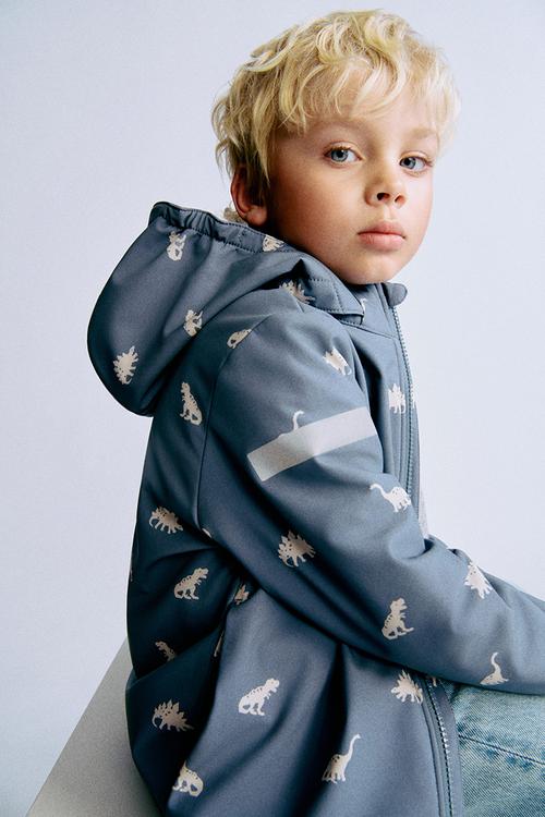 Water-resistant softshell jacket - steel blue dinosaurs