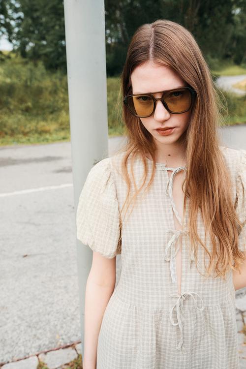 Tie-front cotton dress - light khaki green/checked 