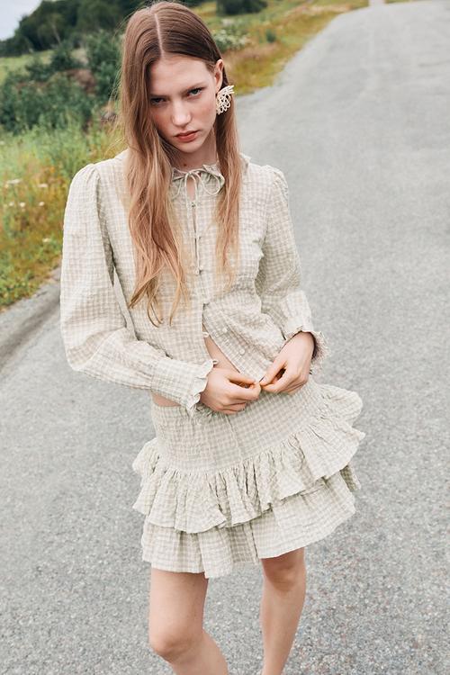 Tiered drawstring skirt - light khaki green checked