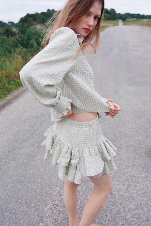 Tiered drawstring skirt - light khaki green checked