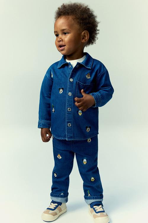 Embroidery-detail denim overshirt - denim blue/mickey mouse