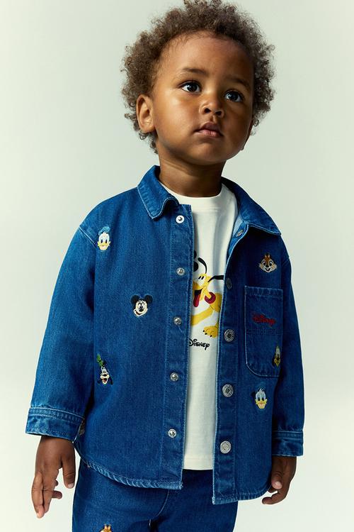 Embroidery-detail denim overshirt - denim blue/mickey mouse
