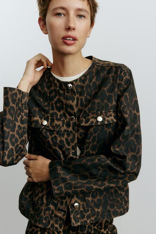 Collarless denim jacket - dark brown & leopard print 