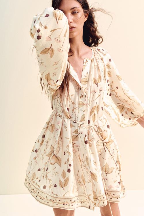 Oversized tie-belt dress - light beige floral 