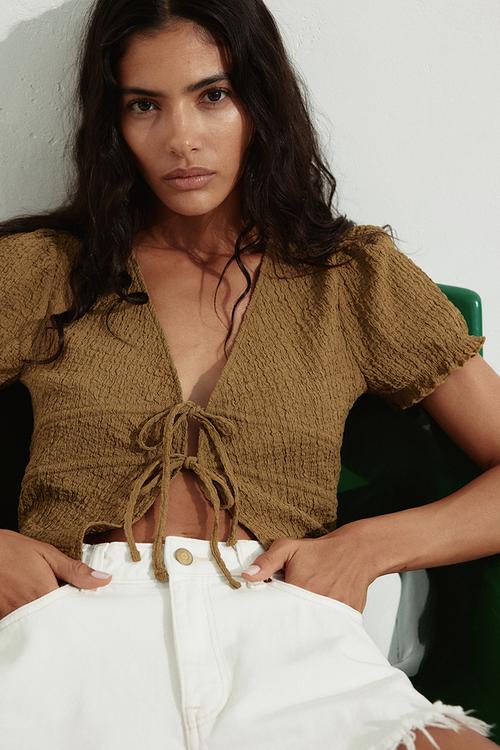 Crinkled tie-front top - golden olive