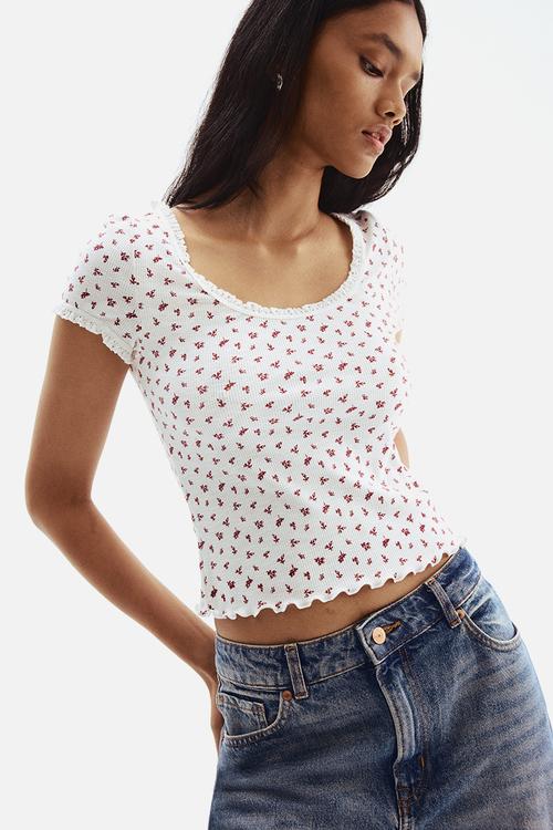 Lace-trimmed top - white & floral 