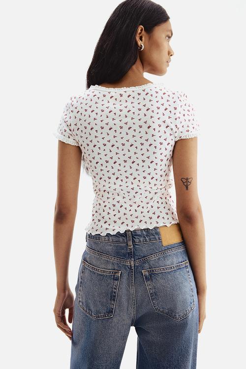 Lace-trimmed top - white & floral 