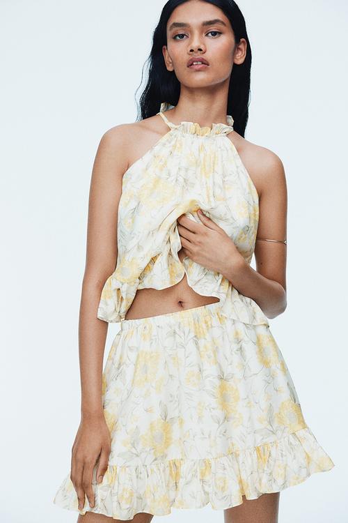 Frill-trimmed skirt -  white/yellow floral 