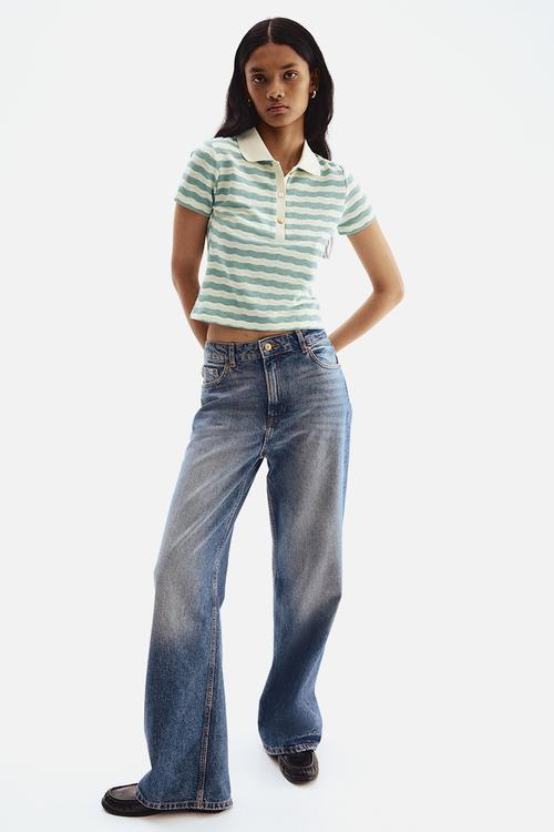 Textured-knit polo shirt - cream & turquoise striped