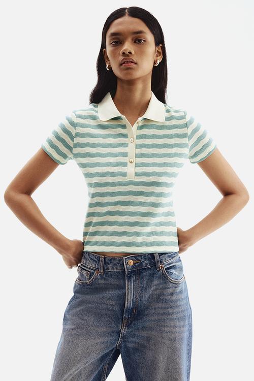 Textured-knit polo shirt - cream & turquoise striped