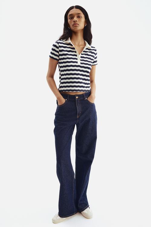 Textured-knit polo shirt - white & dark blue striped