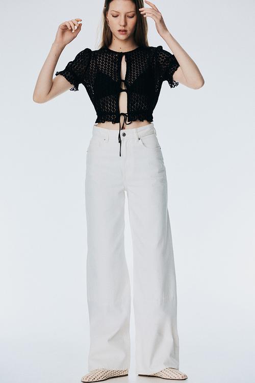 Pointelle-knit top - black