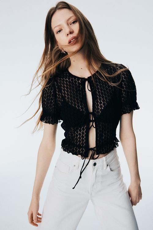 Pointelle-knit top - black