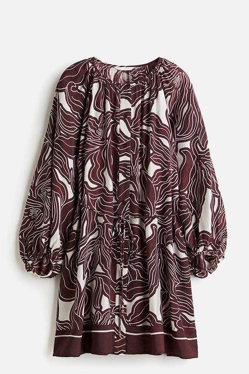 Oversized tie-belt dress - white & burgundy floral