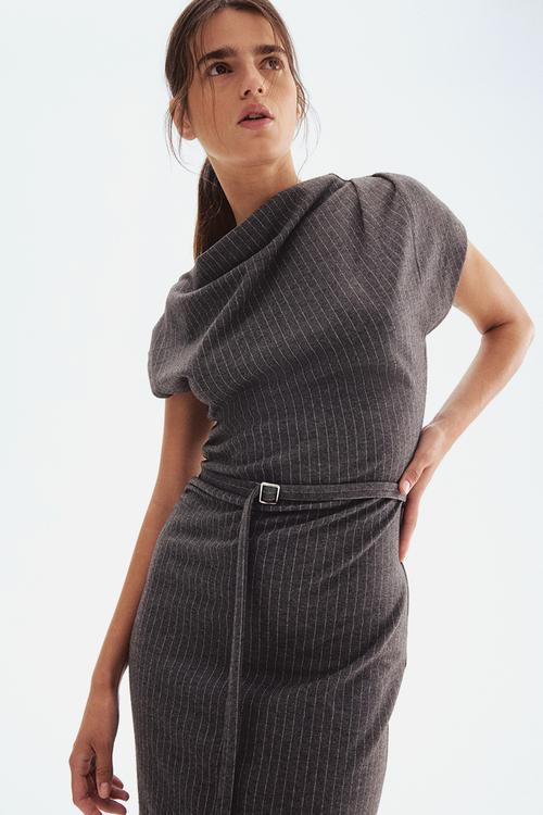 Draped belted dress - dark grey pinstriped