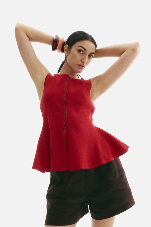 Rib-knit peplum vest top - dark red