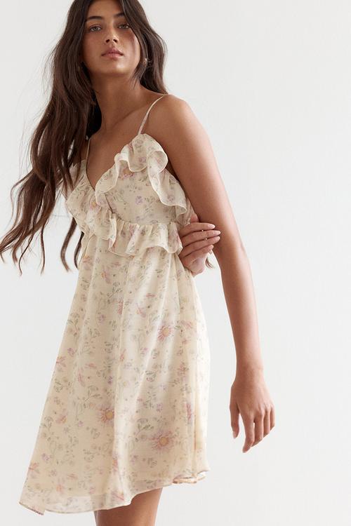 Frill-trimmed strappy dress - light beige floral