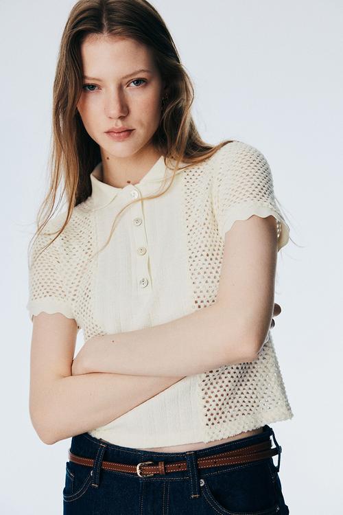 Hole-knit polo shirt - cream