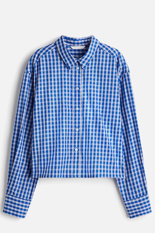 Short cotton poplin shirt - blue checked