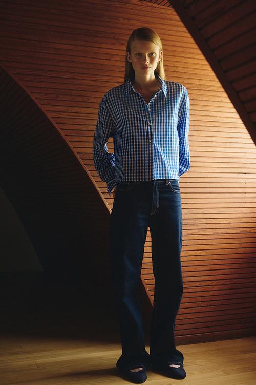 Short cotton poplin shirt - blue checked