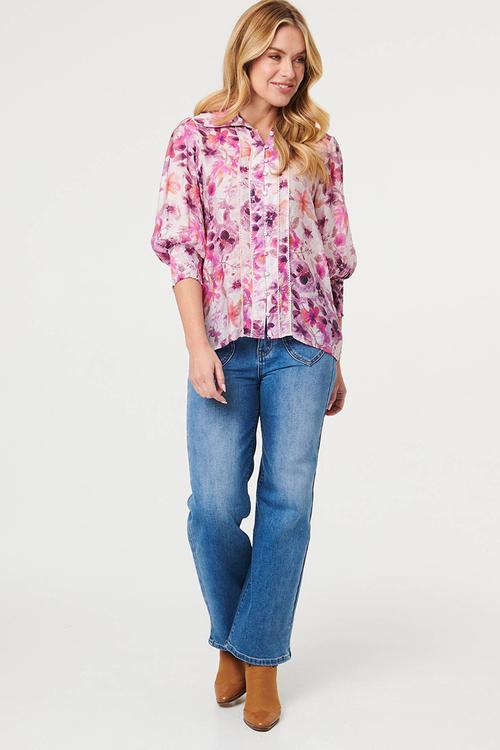 L/slve Sheer Button Through with Lace Detail - Multi Pink