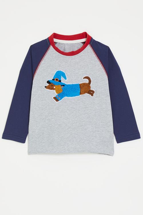 Chenille embroidered raglan sleeve tee - navy/pale grey/dachshund