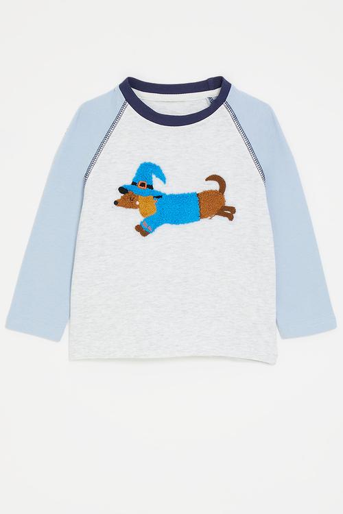 Chenille embroidered raglan sleeve tee - blue/pale grey/dachshund