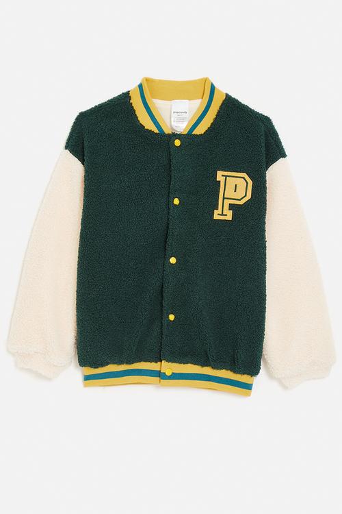 Teddy fleece baseball jacket with striped rib - dark green/neutral