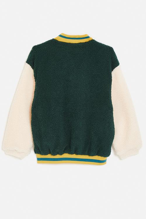 Teddy fleece baseball jacket with striped rib - dark green/neutral