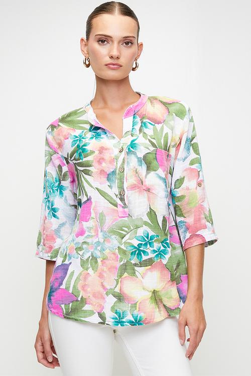 Italian Made Half Sleeve With Flutter Half Placket Straight Hem Blouse - Multi White