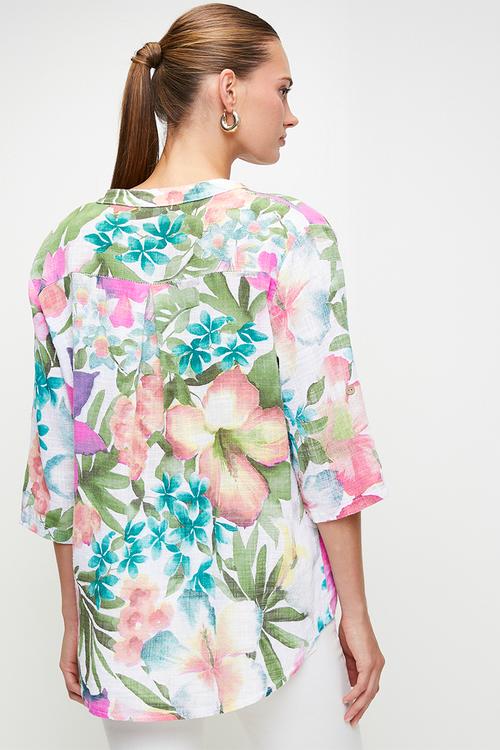 Italian Made Half Sleeve With Flutter Half Placket Straight Hem Blouse - Multi White