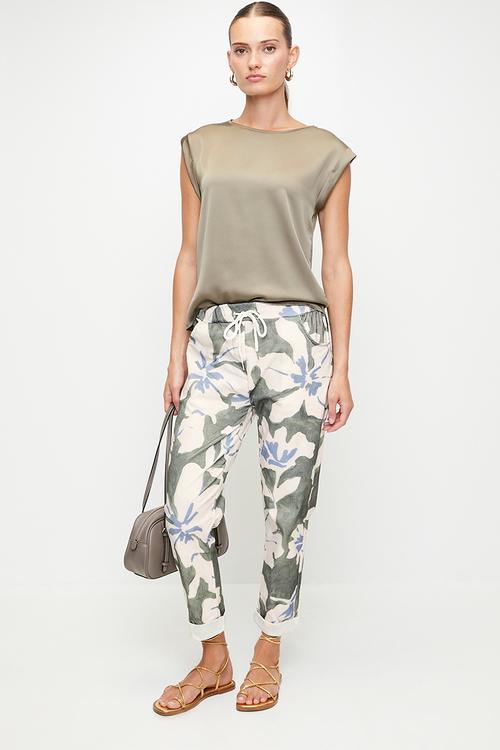 Italian Made Creased Printed Jogger With Drawcord - Khaki