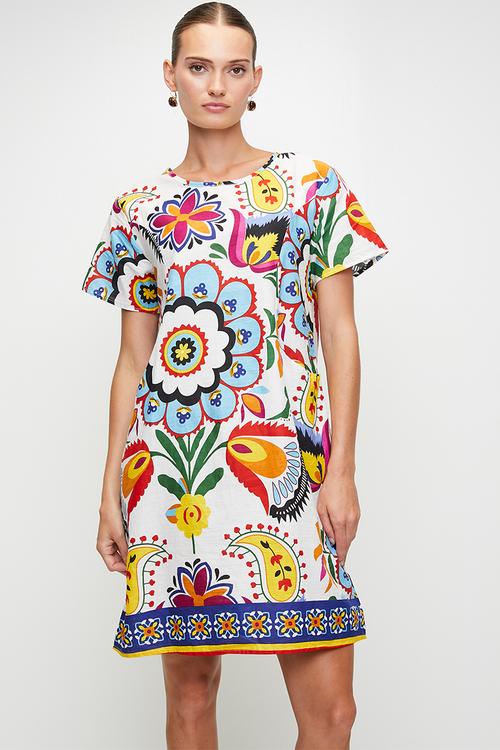 S/s Crew Neck Front Pocket Printed T-Shirt Midi Dress - Multi White